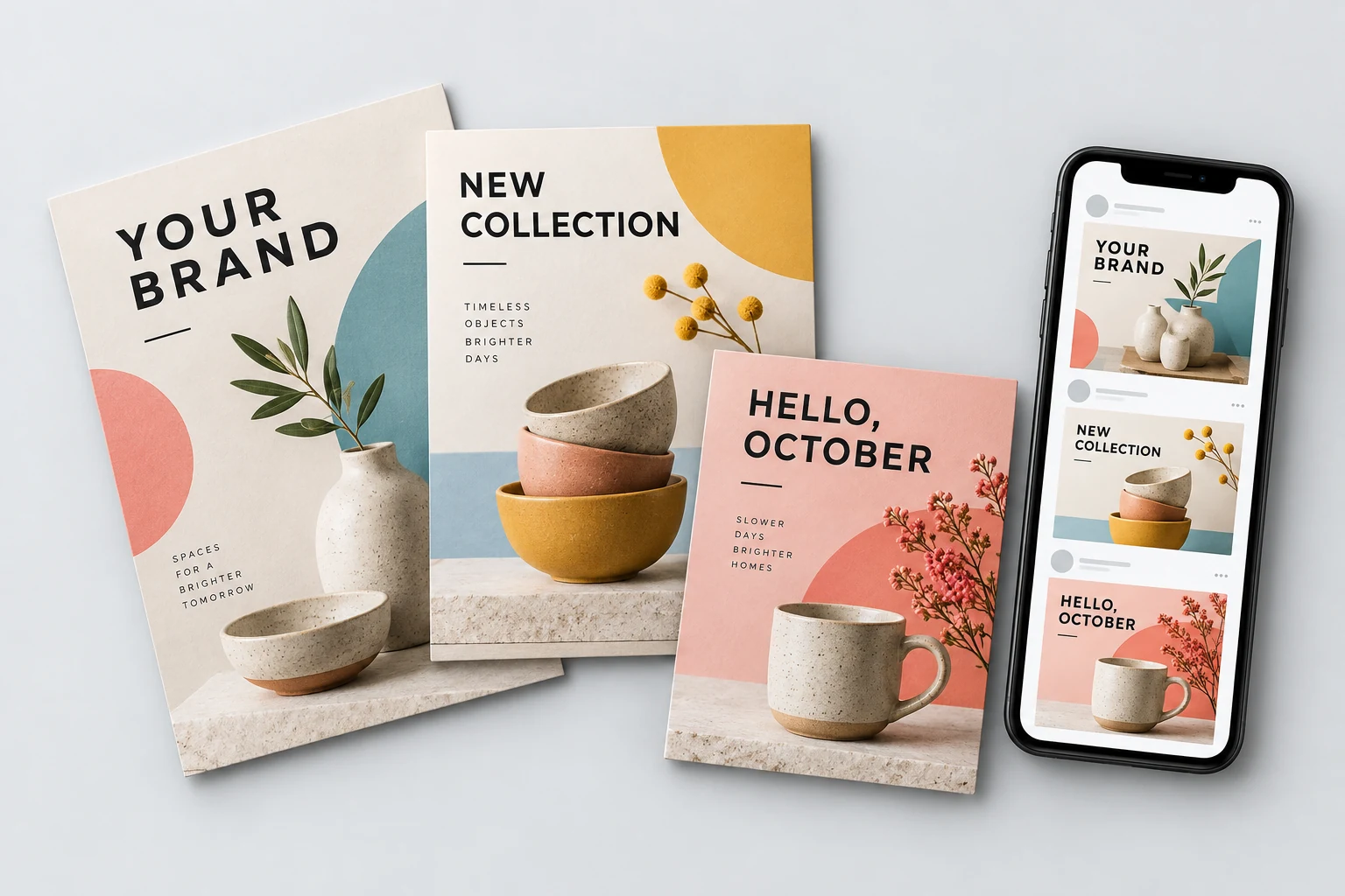 Illustrative coordinated banner designs and social media posts in cyan, coral and yellow